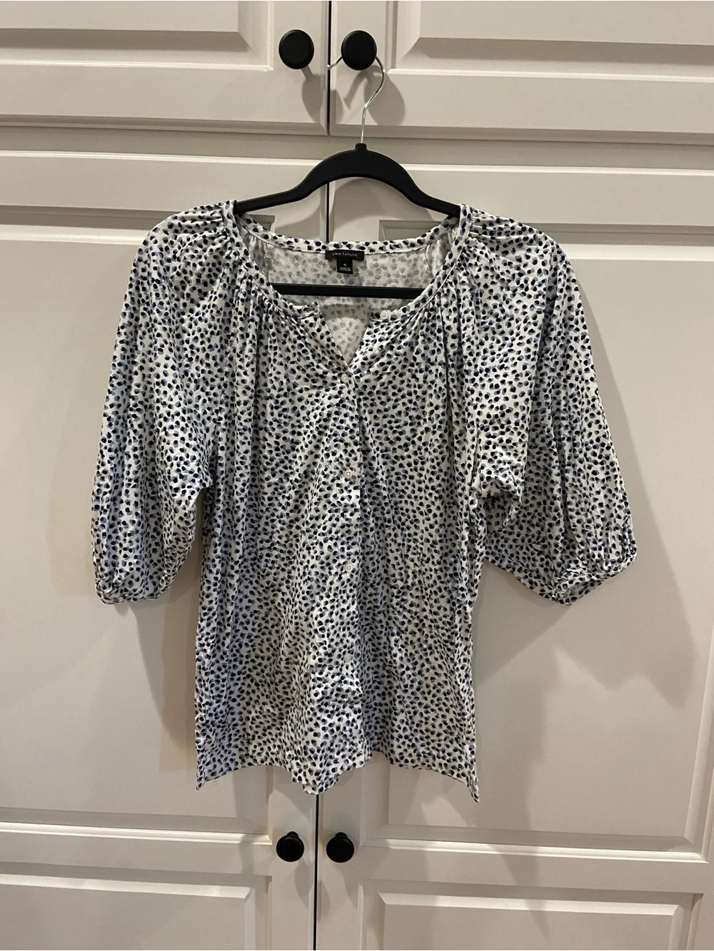 LOFT White Blouse with Navy Dot Print